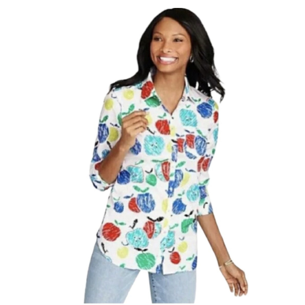 Talbots Apple Print Button Collared Shirt Long Sleeve Top Teacher M Light Weight
